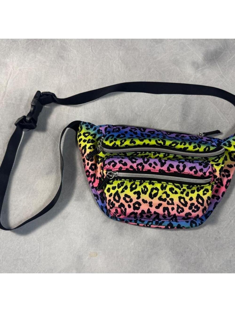 Y2K vintage style Rainbow Leopard Print Fanny Pack Belt Bag Neon Festival Rave